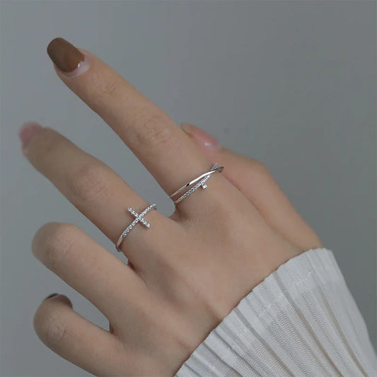 "Stylish Korean Zircon Cross Open Adjustable Finger Ring for Women - Fashionable Silver Color Jewelry Accessory Ideal for Parties and Gifting"